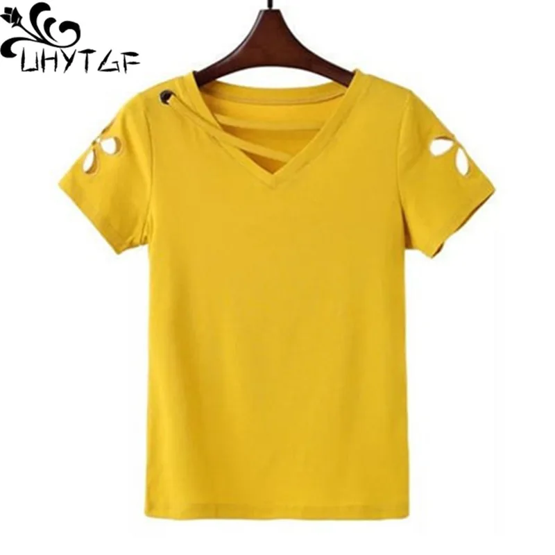 UHYTGF 4XL Loose Size T-Shirt Wome Fashion Hollow Casual Summer Tops Female Short Sleeve Pullover Comfortable Cotton T-Shirt1594