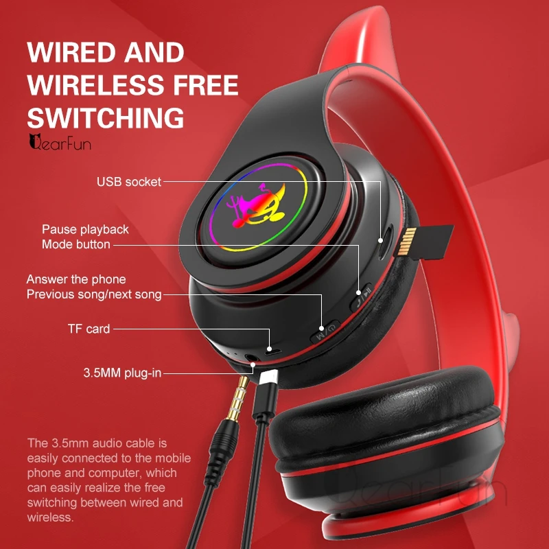 Devil หูฟังบลูทูธไร้สายพร้อมไมค์, หูฟังสเตอริโอเบสไร้สายหูฟังเกมเมอร์รองรับบัตร TF เป็นของขวัญสำหรับเด็กและผู้ชาย