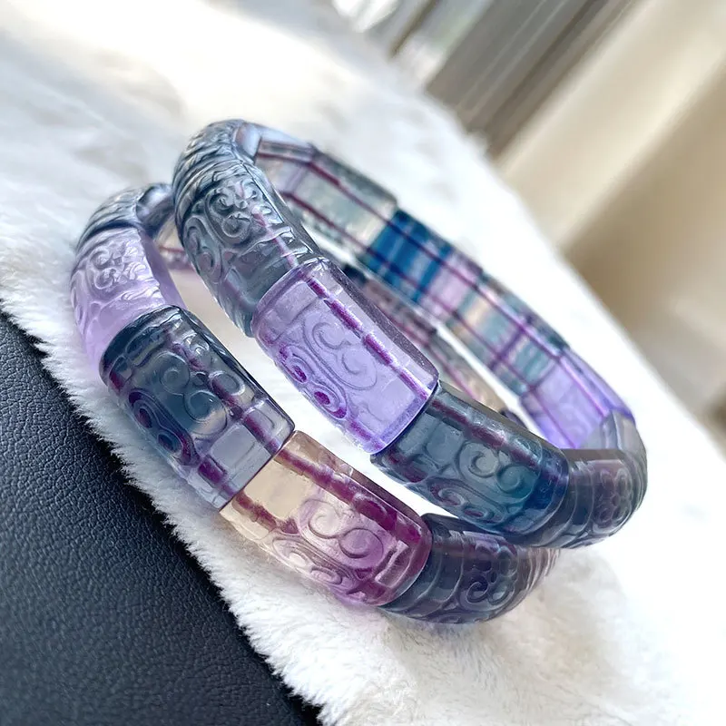 

Natural Colorful Fluorite Quartz Clear Rectangle Beads Bracelet Bangle 13x10mm Brazil Women Men Fluorite Carved AAAAA