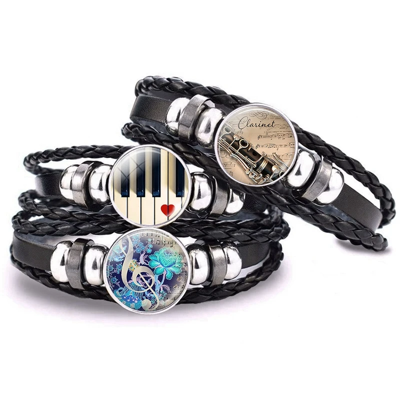 Steampunk Musical Instrument Piano Guitar Clarinet Flute Music Black Leather Bracelet Music Note Jewelry for Men Birthday Gifts