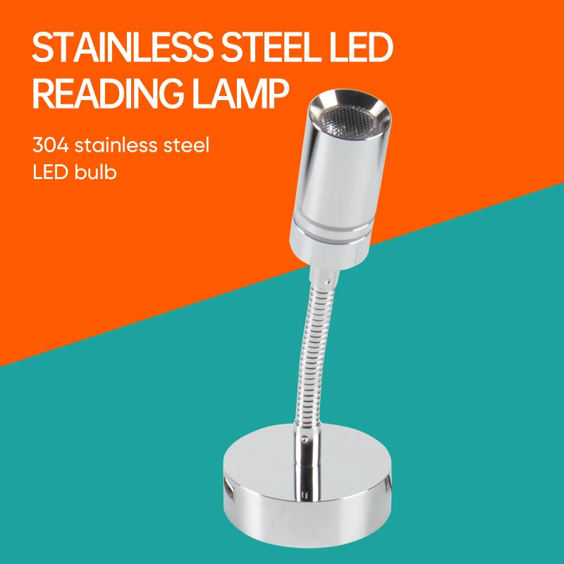 RV Reading Lamp Stainless Steel LED Light 12v 24v On-board Bedside Wall Lamp with Touch Switch and USB Interface