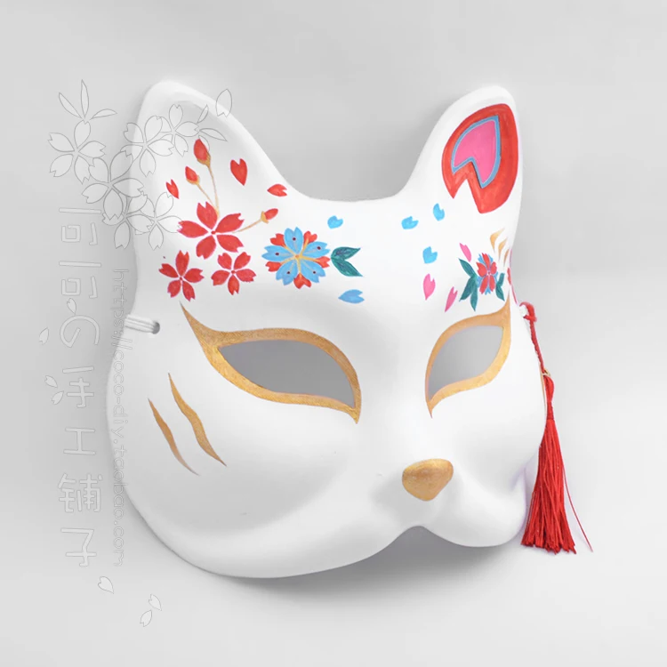 Hand Painted Japanese Style Cosplay Animal Fox Cat Masks Red Blue Cherry Blossom Dance Mask