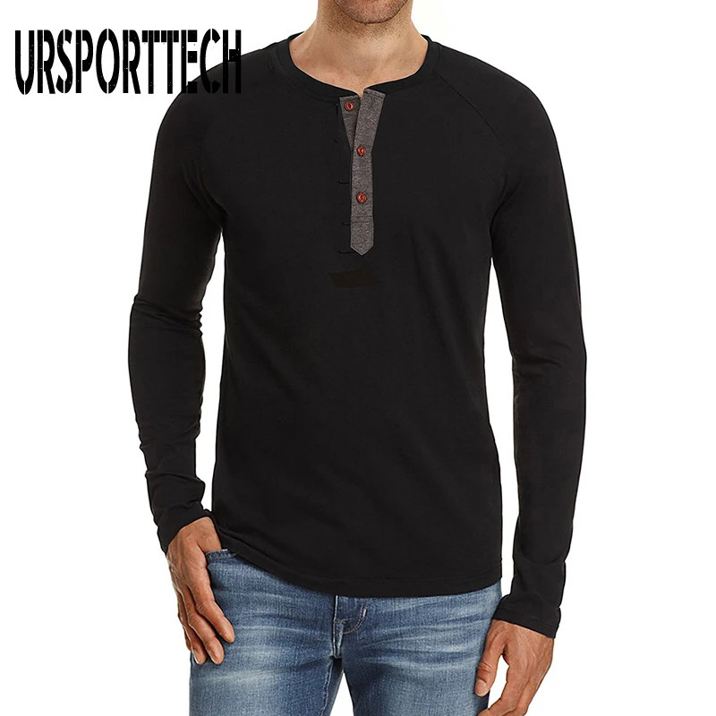 URSPORTTECH Brand Solid Color T-shirts Men Spring Autumn Long Sleeve Fashion Button Design Slim Casual Mens T Shirts Breathable