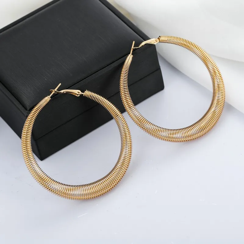 European American Fashion Exaggerated Spring Hoop Earrings 55mm Female Simple Gold Color Pendientes Wedding Jewelry Brincos