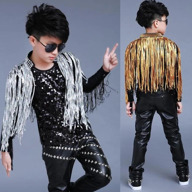 Jazz Dance Costume Sequined Fringed Coat Gold Silver Fringed Shawl Boys Hip Hop Street Dancing Clothes Stage Outfit DNV11849