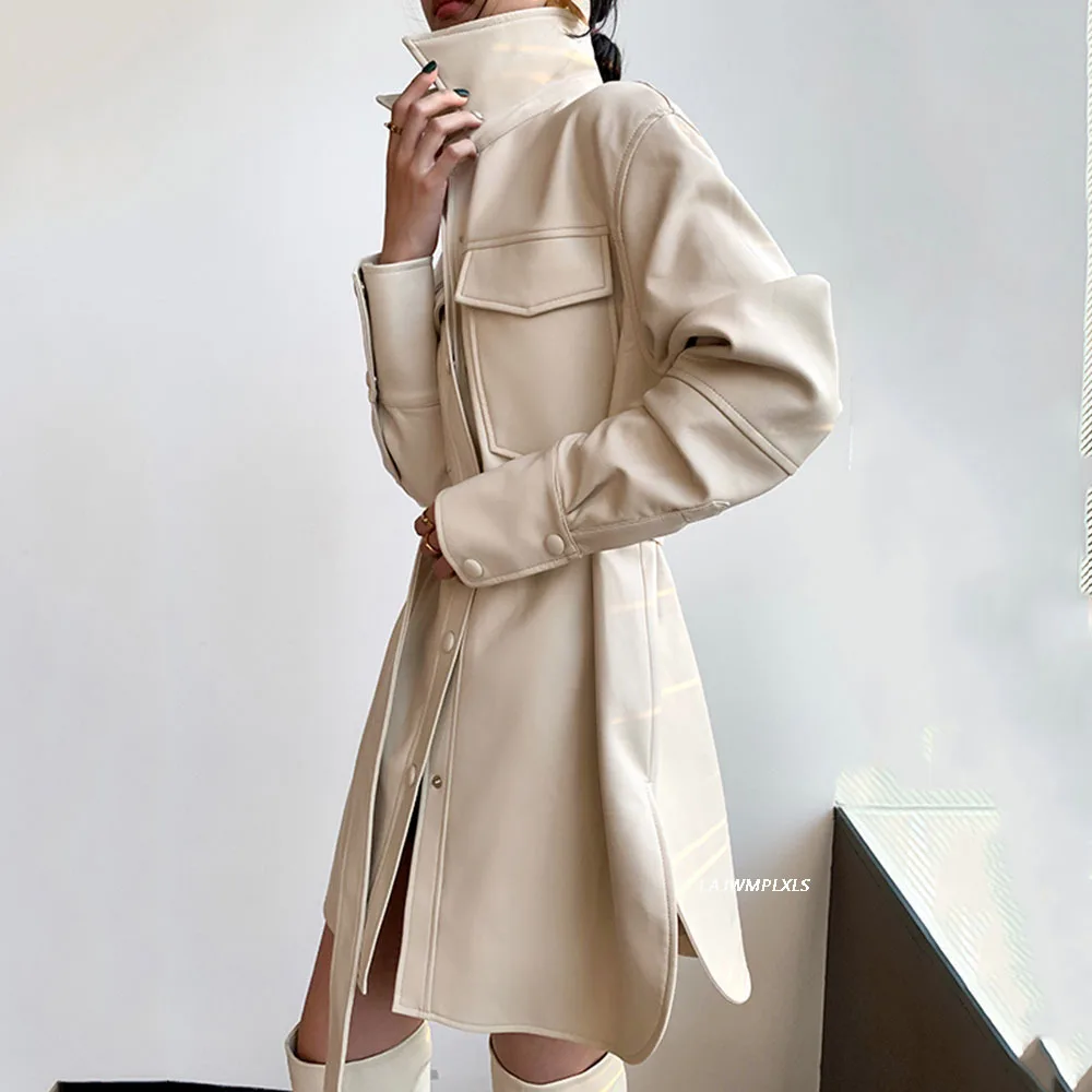 Veste en cuir PU avec ceinture pour femme, revers à simple boutonnage, chemise pour femme, mode printemps, nouveau, 2022