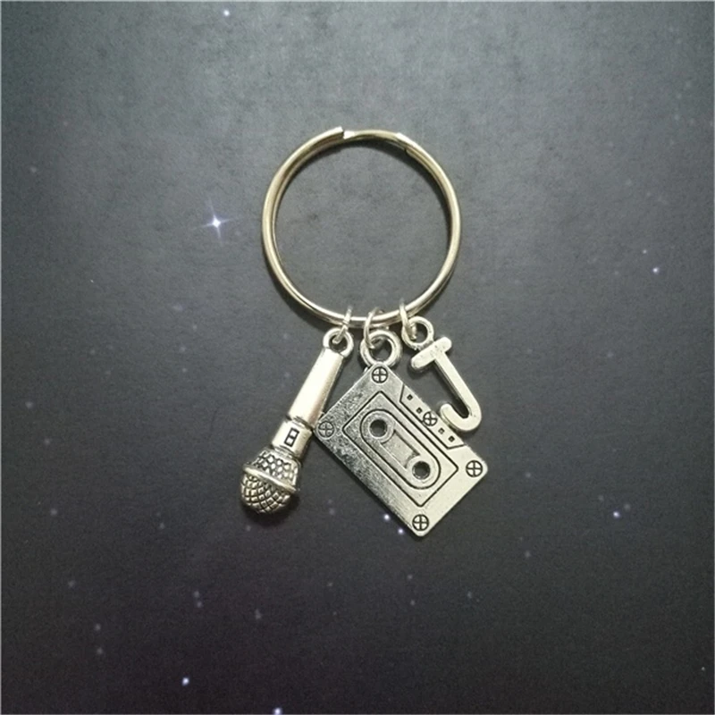 Microphone keychain DIY Keyring Gift for Music Lovers Men Women Fashion Cassette Tape Keychain with Initial