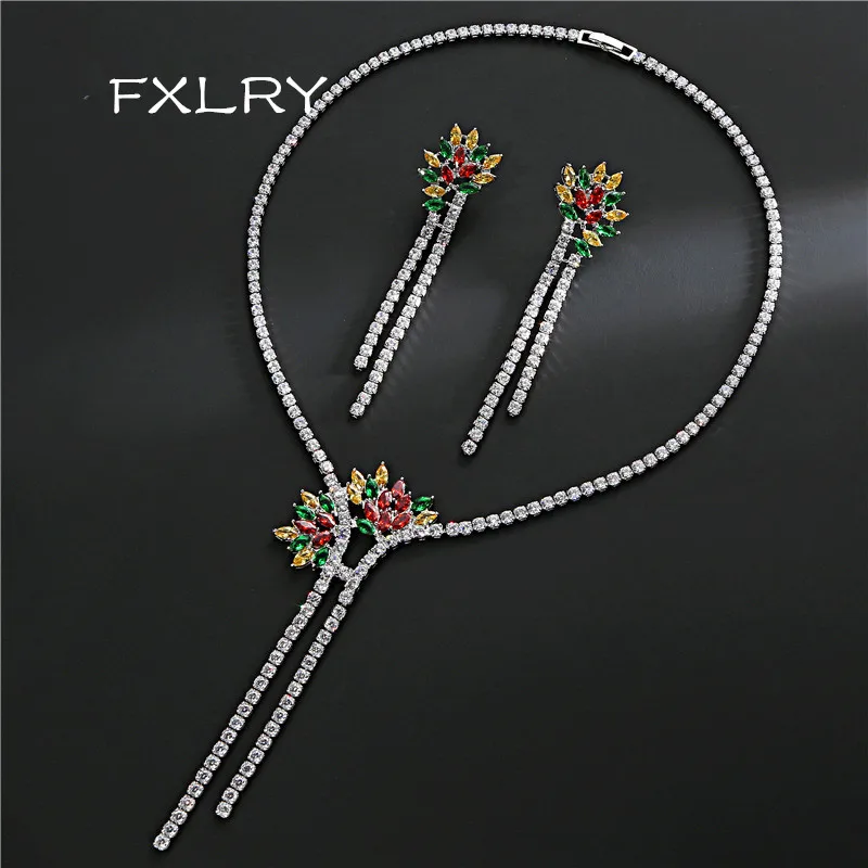 

FXLRY Hot Sale Luxury Fashion Cubic Zirconia Flower Tassel Choker Necklace Earring For Women Bridal Jewelry Set