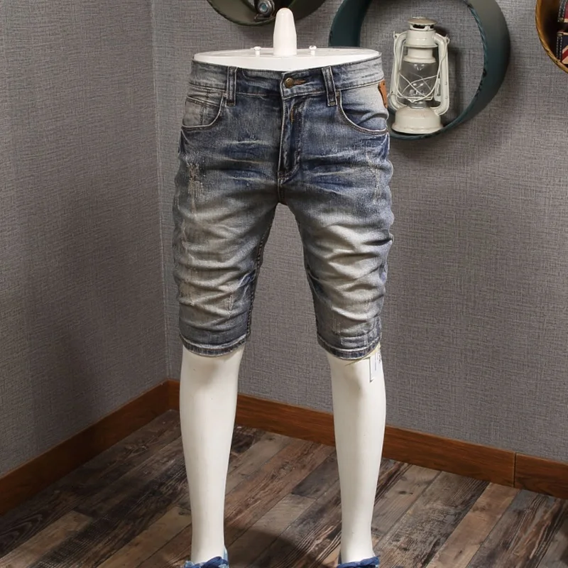 Retro Blue Denim Shorts Men Summer Streetwear Casual Cotton Slim Fit Distressed Short Jeans