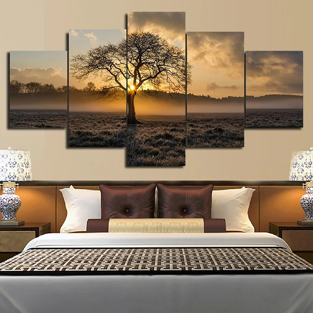 

5 Pieces Wall Art Canvas Painting Sunrise Tree Landscape Poster Modern Home Decoration For Living Room Modular Pictures