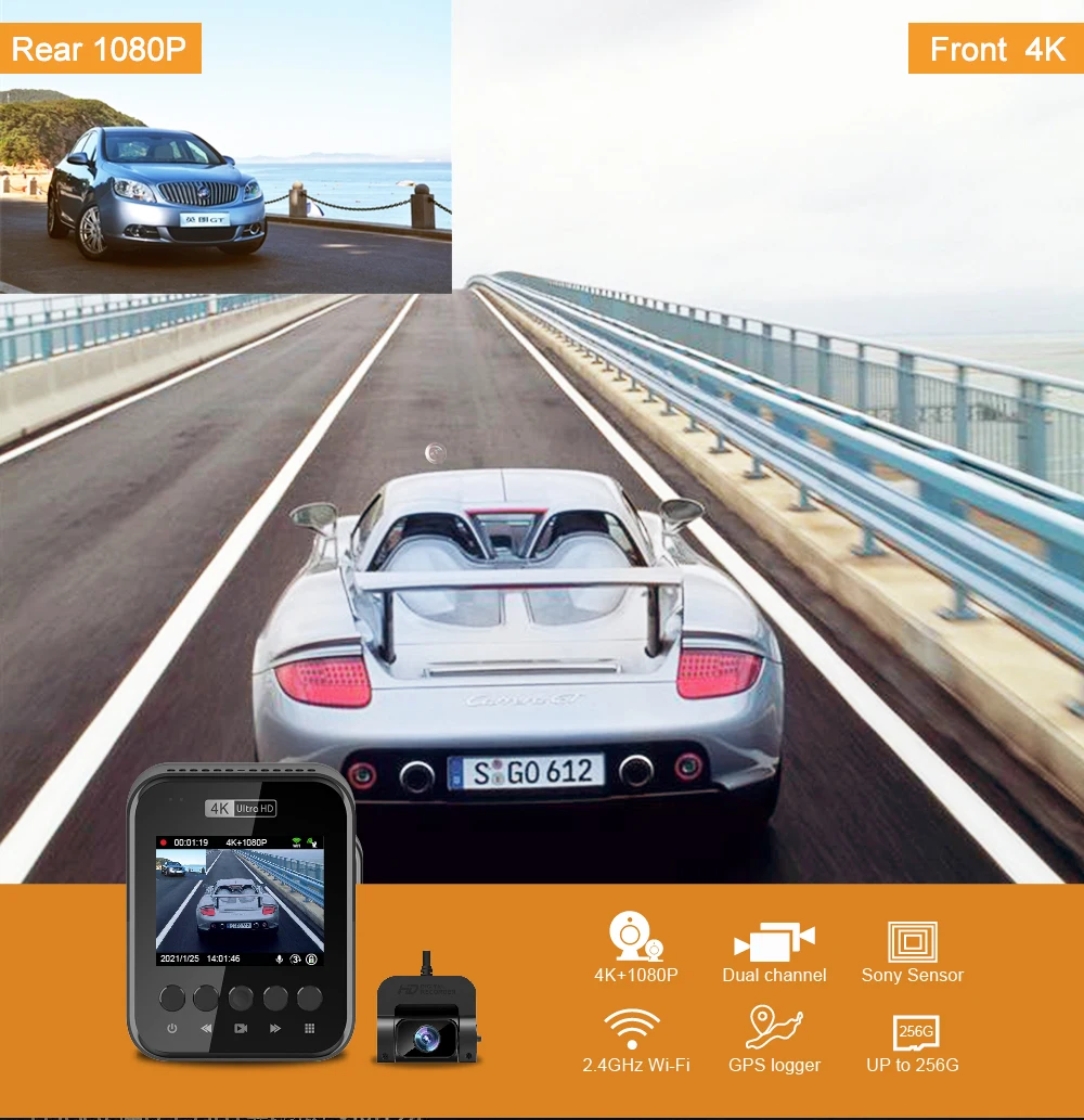 Dash Cam 4K WiFi GPS  Front and Rear View Camera Car DVR  Automatic Recorder 3840*2160P 30FPS Nigth Vision 24H Parking Monitor