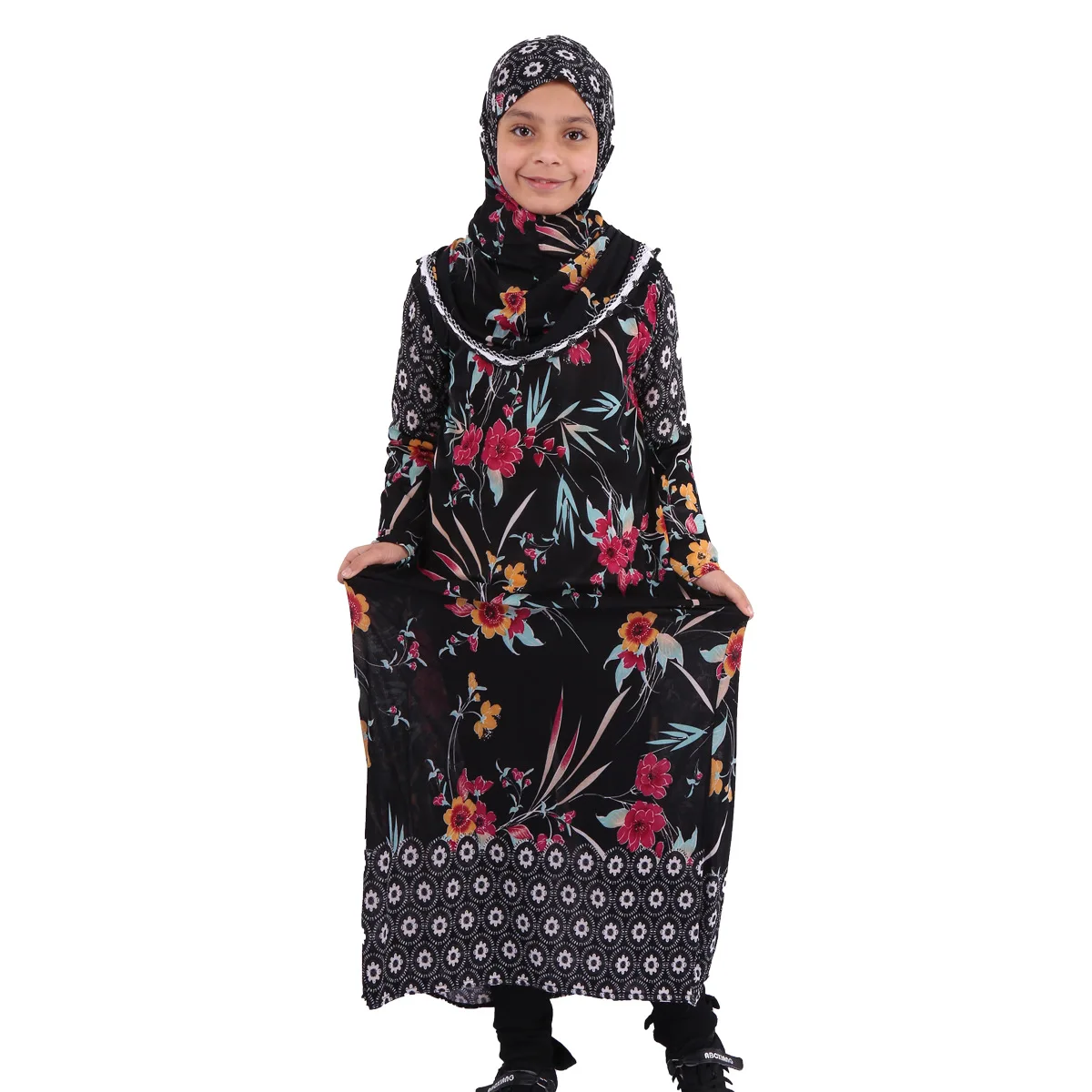 Kids Muslim Prayer Dress Children\'s Kaftan Girls Robe Hidjab Middle East Islamic Robe Abayas Printing Full Cover Praying Clothes