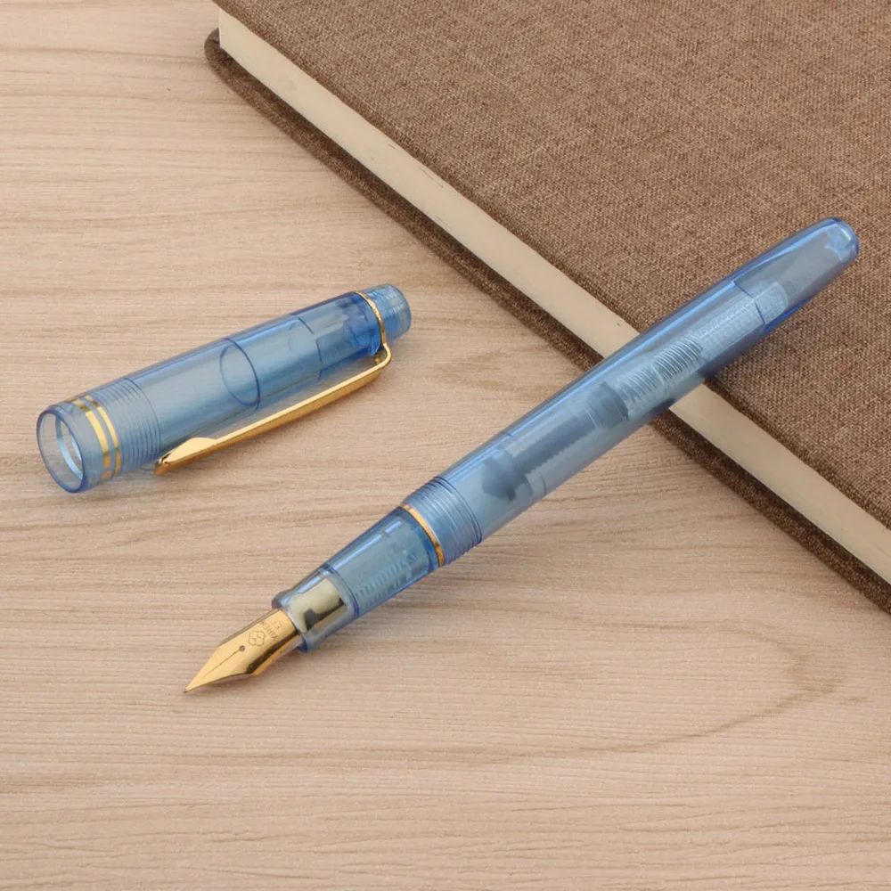 Transparent Blue Classic Rotation Screw Design Fashion Golden Plastic EF Nib Fountain Pen