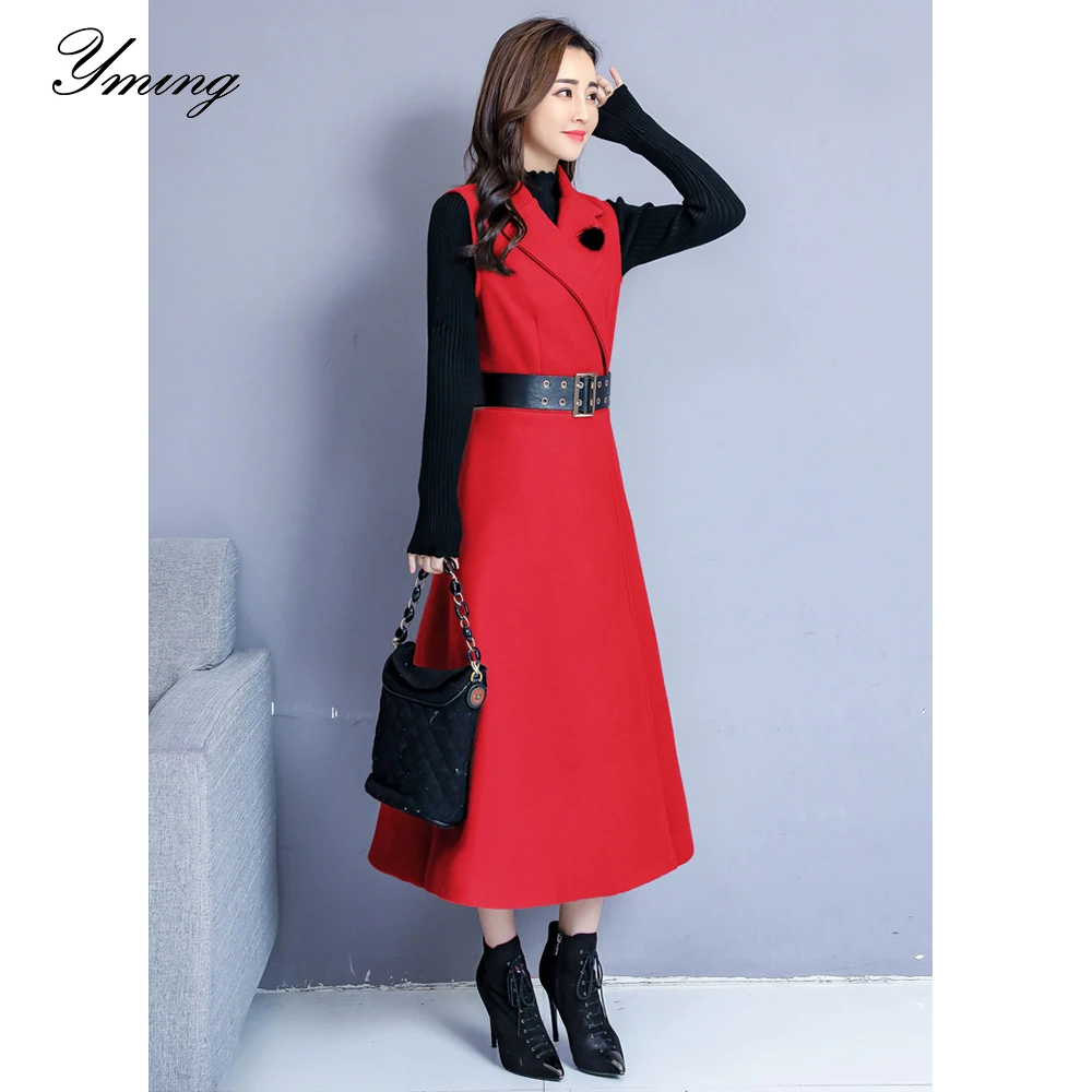 

YMING Women's Autumn And Winter Woolen Dress Long Thick Strap Dress Waist Was Thin Temperament Versatile Friends Party Clothing