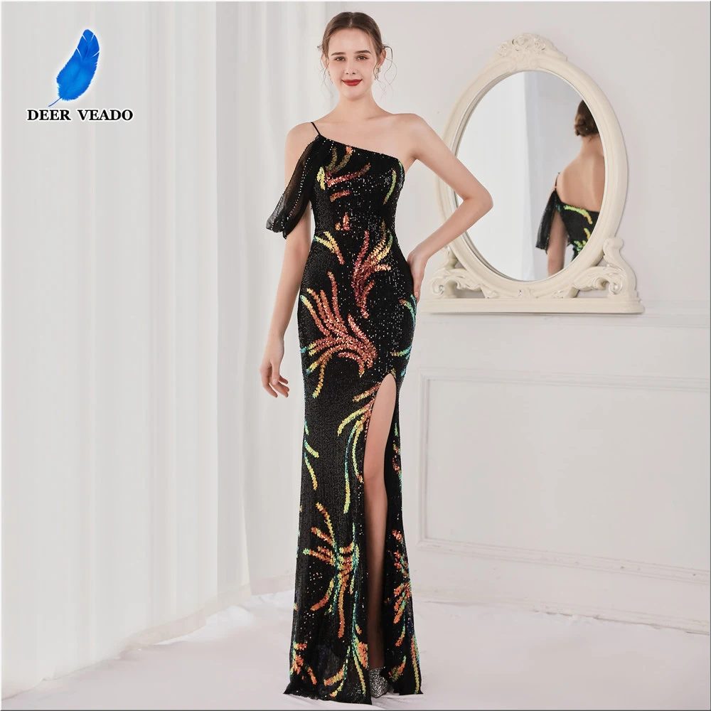 

DEERVEADO K18637 Sexy Side Split Mermaid Prom Dresses 2022 New One Shoulder Sequin Dress For Woman Party Gown Black Maxi Dress