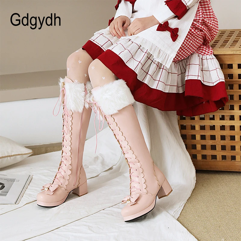 Gdgydh stivali invernali in peluche caldi stivali alti al ginocchio da donna stringate scarpe Lolita gotiche rosa moda femminile nodo con fiocco di