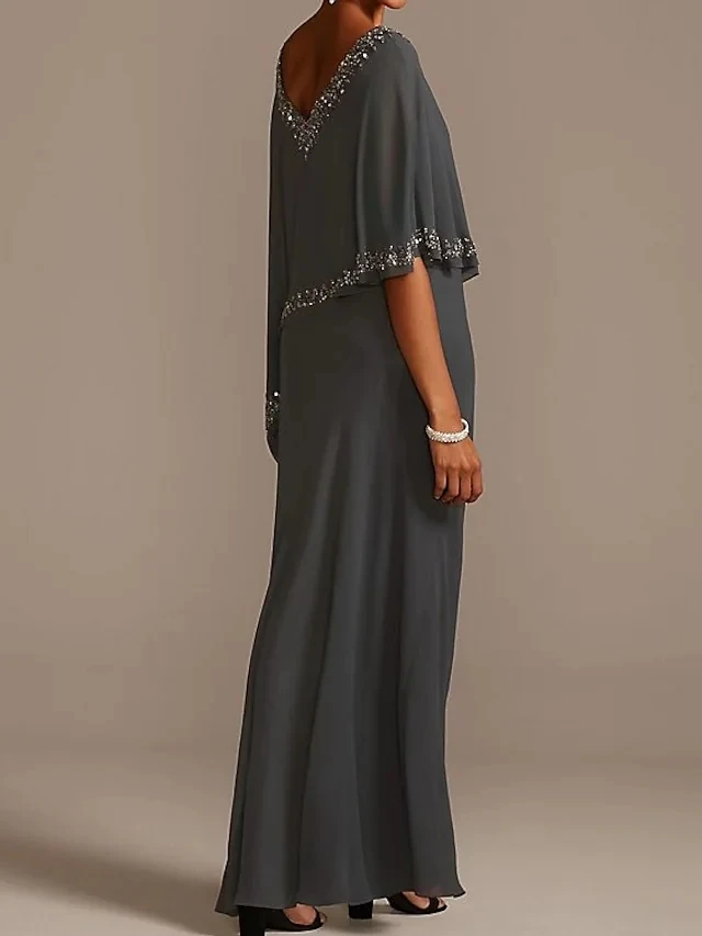 Charcoat Gray Mother of the Bride Dress 2023 Plus Size Elegant V-Neck Floor Length Chiffon Half Sleeve Beads Prom Party Gown