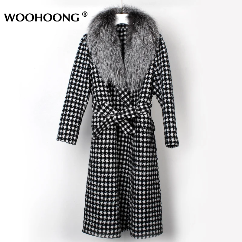 

Real Fur Coat Winter Jacket Women Cashmere Wool Woolen Oversize Ladies Outerwear Houndstooth Natural Silver Fox Fur Collar