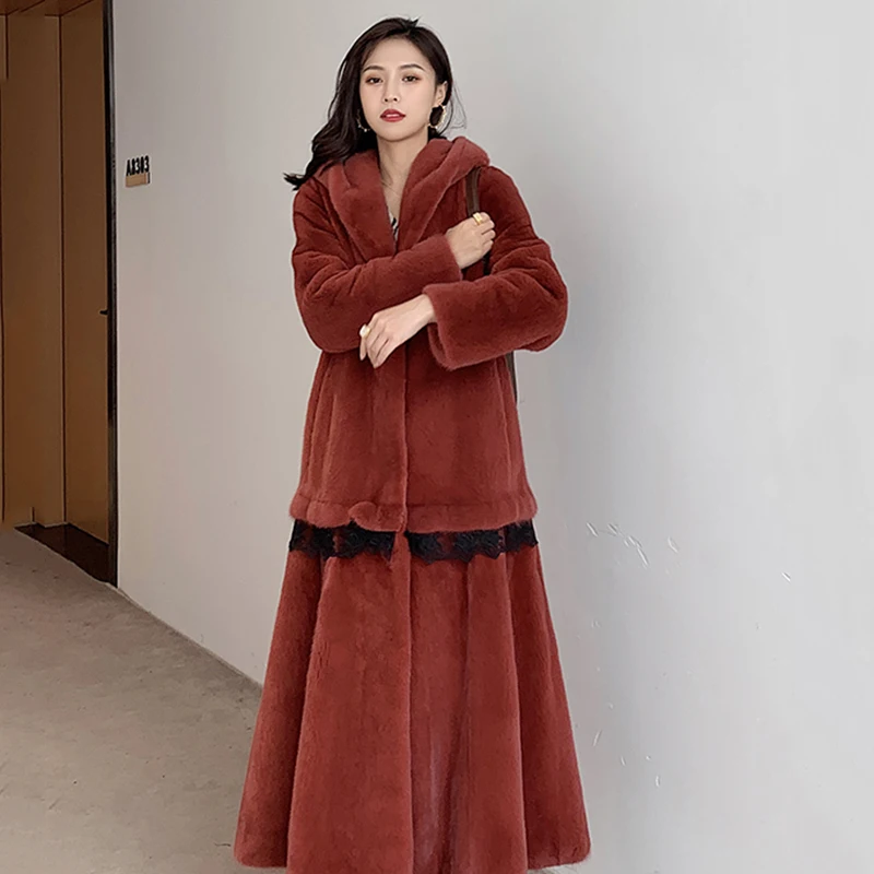 Ftangaiur New Winter Import Swan Velvet Mink Fur Coat Women Solid With Fur Hood Sashes Loss X-Long Natural Real Mink Fur Coats