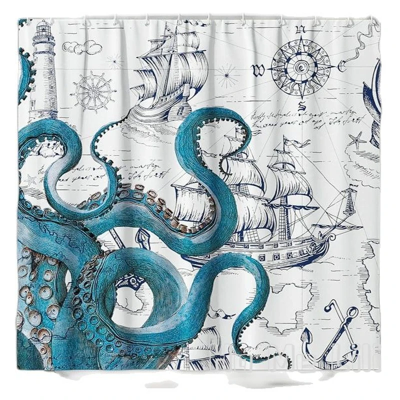 Pirate Ship Shower Curtain Octopus Ocean Kraken Attack Tentacles Sailboat Wave Mountain Moon Starry Sky Waterproof With Hooks