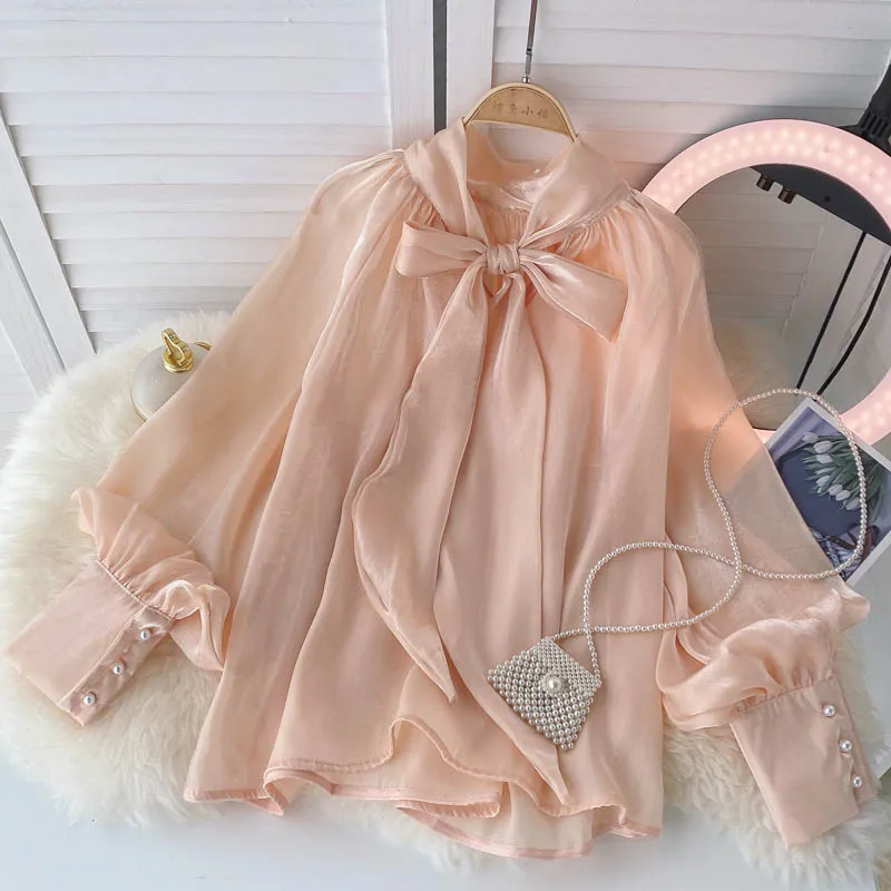 YUZACDWX High Quality 2024 Autumn Shirt Female Bow Tie Collar Retro Bubble Long-Sleeved Elegant Blouse Women