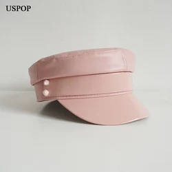 USPOP New Leather PU Newsboy caps Women Flat Visor Cap Solid Color Militray caps S M L
