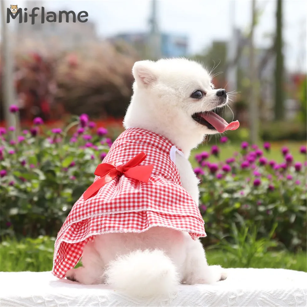 Miflame Plaid Dog Dress Summer Pet Fancy Dress Bowknot Puppy Clothes For Dogs Dresses Sweet Pet Clothes Pomeranian Spitz Skirts