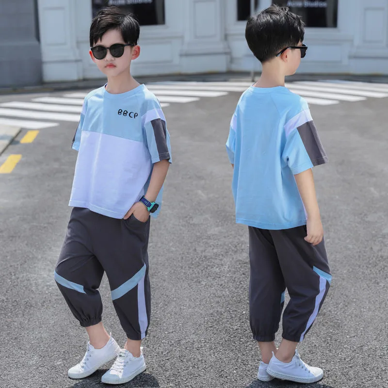 5-16T Boys Clothes Summer Sport Clothing Set 2021 New Fashion O-Neck Patchwork Two Pieces Suit For Children Teens High Quality