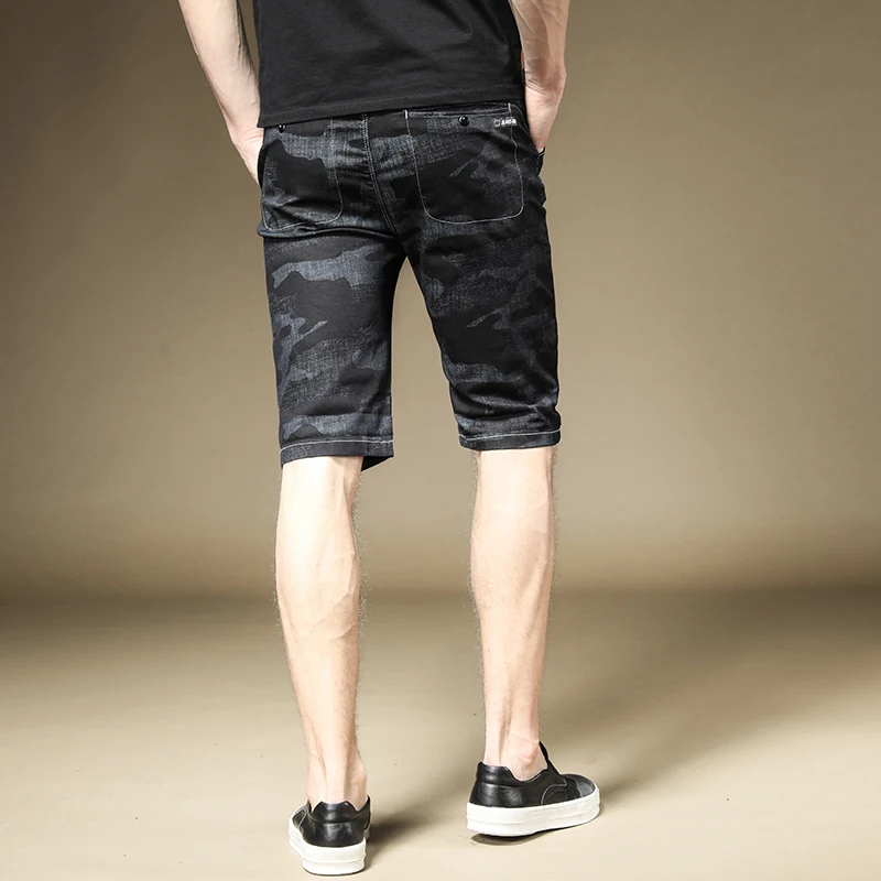Short Jeans Men Fashion Black Camouflage Stretch Denim Trousers Straight Slim Fit Knee Length Pants