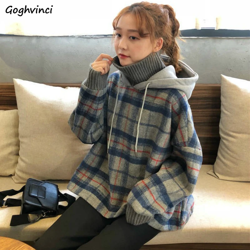 

With Hat Hoodies Women Turtle-neck Fake Two Piece Plaid Simple Harajuku Womens Korean Style Leisure All-match Sweatshirts Trendy