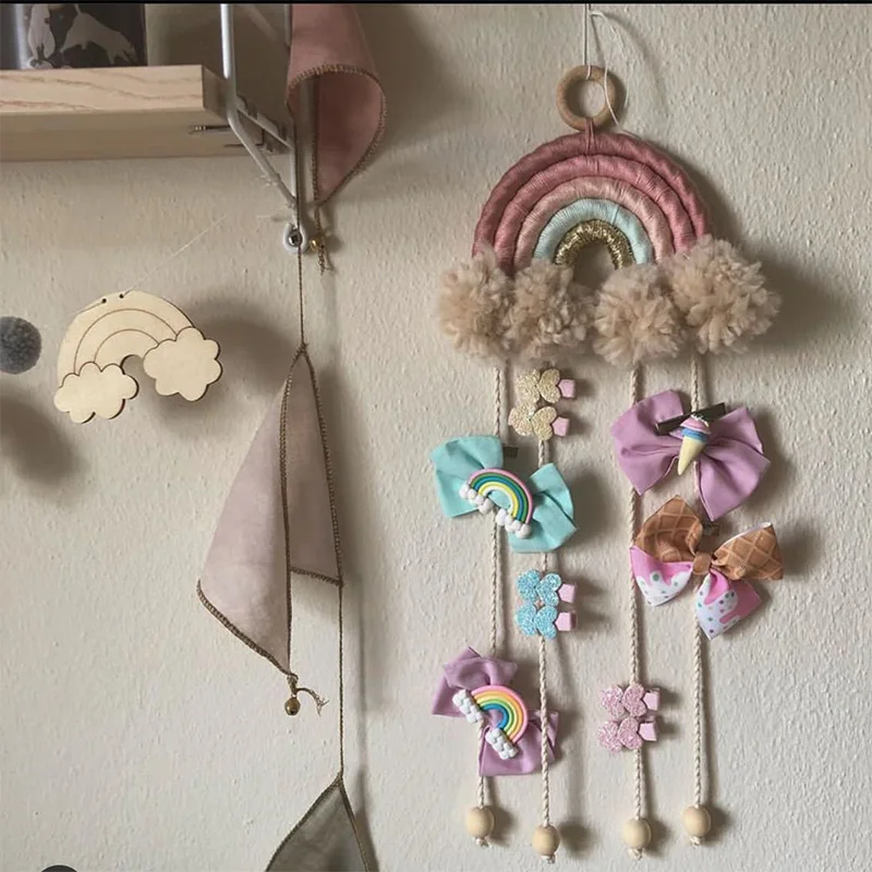 

Girl Woven Rainbow Hairpin Storage Organizer Hair Clip Photos Diaplay Wall Hanging Ornament Baby Bedroom Nursery Decor Handmade
