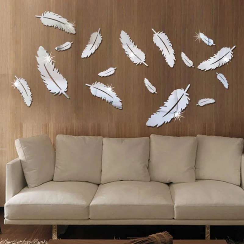 8pcs Feather Mirror Wall Decor Romantic Home Decor Mirror Decorative Wall Sticker Living Room Decoration  Mirrored Furniture