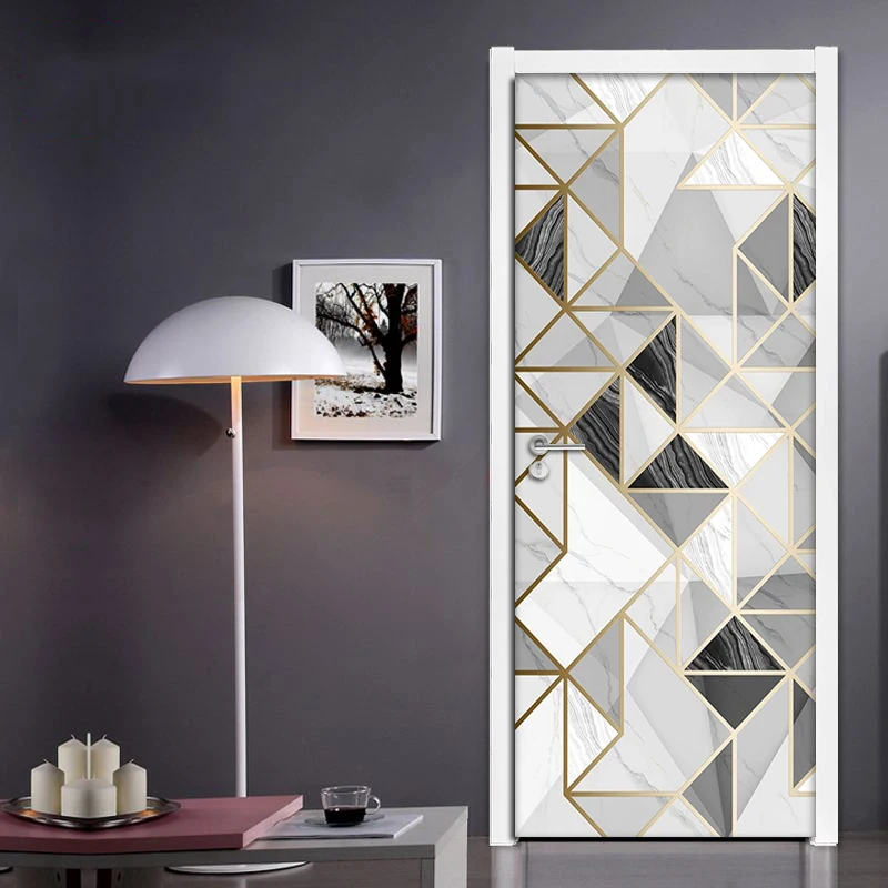 Geometric Marble Pattern Waterproof Self-adhesive Door Sticker Wallpaper Living Room Bedroom Door Mural Wall Decals Home Decor