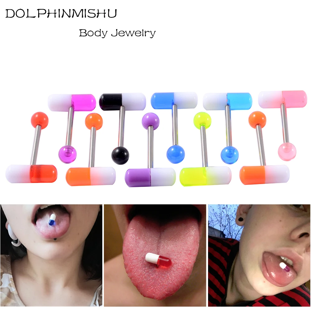 10pcs/Lot Surgical Steel Acrylic Pill Top Colorful Capsule Tongue Ring Piercing Jewelry Women Tongue Ring Bars Barbell 14G