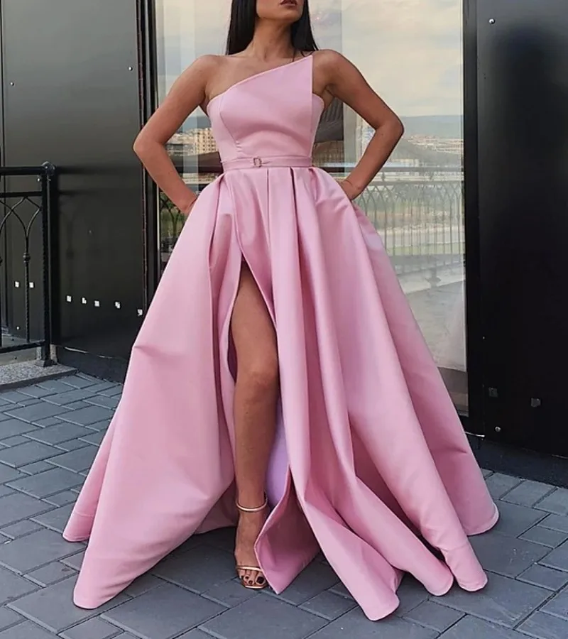 

Elegant Pink Arabic Engagement Prom Dress 2022vOne Shoulder Floor Length Satin Split Evening Party Gown Vestidos De Fiesta