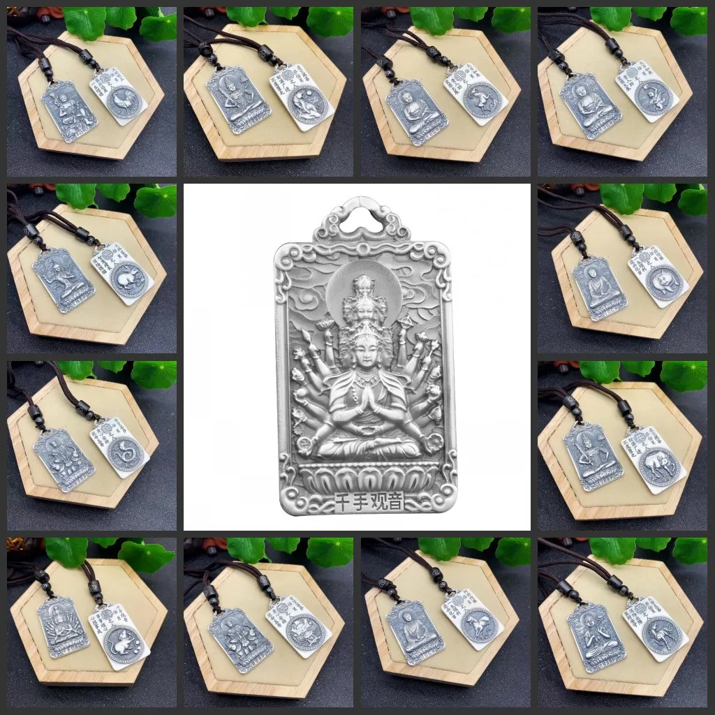 BOCAI S999 Sterling Silver Pendants for Women Men Chinese Zodiac Life Guardian Buddha Argentum Square Jewelry