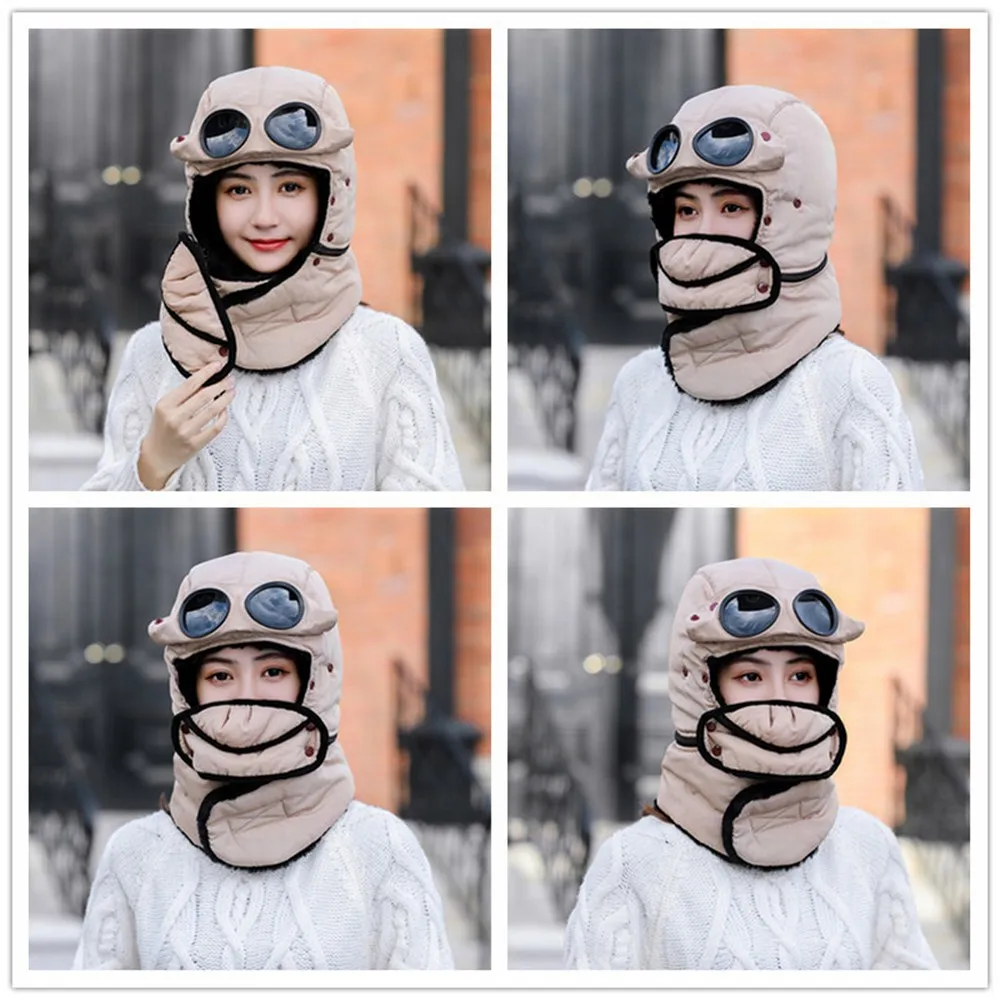 Winter Warm Hat Men Women Riding Cap Scarf Thick Earflap Outdoor Windproof Lei Feng Cap Ski Anti-fog Hiking Cotton with Glasses