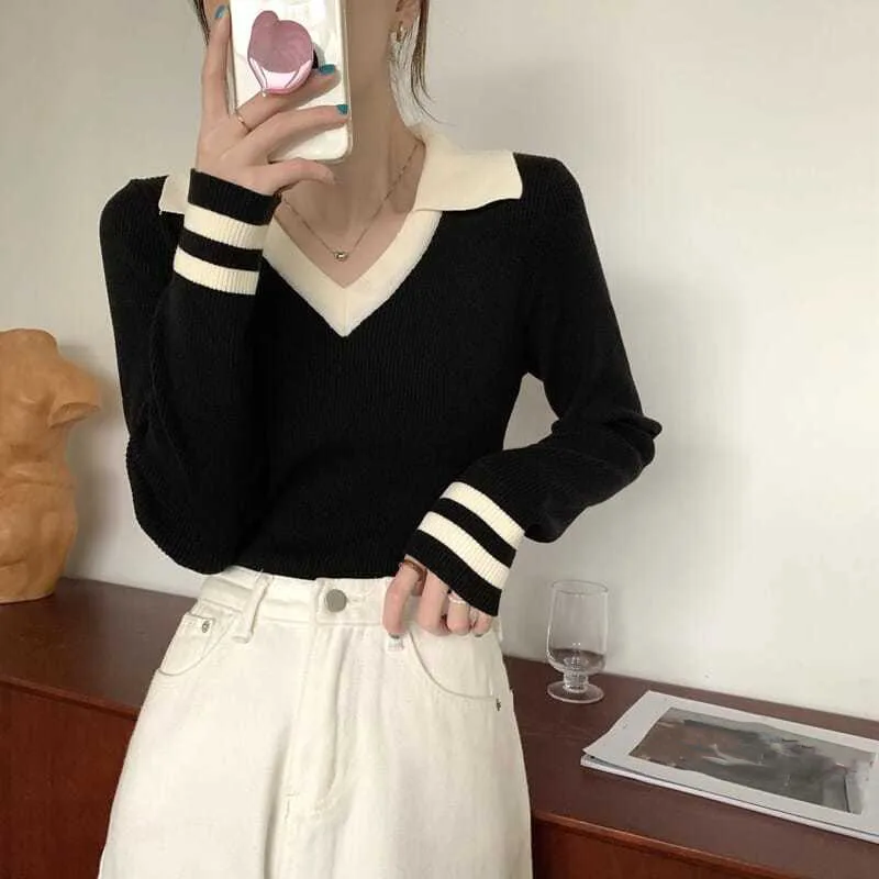 

Lucyever 2022 Sweet Turn Down Collar Knitted Pullovers Women Spring Patchwork Bottoming Sweater Solid Slim Fit Preppy Tops Mujer