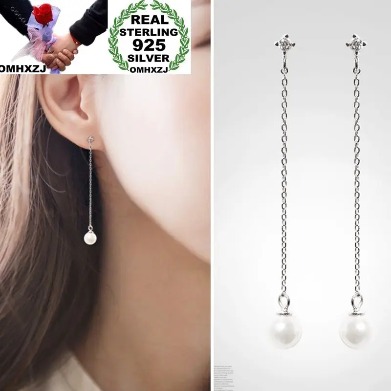 

OMHXZJ Wholesale European Fashion Woman Girl Party Wedding Gift Tassel Pearl AAA Zircon S925 Sterling Silver Stud Earrings EA164