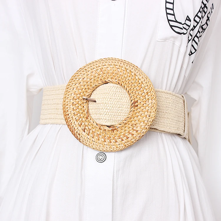 Wooden Buckle Dress Belt For Women Casual Female Braided Wide Strap Female Designer Woven Girls Elastic PP Straw Belts BZ339