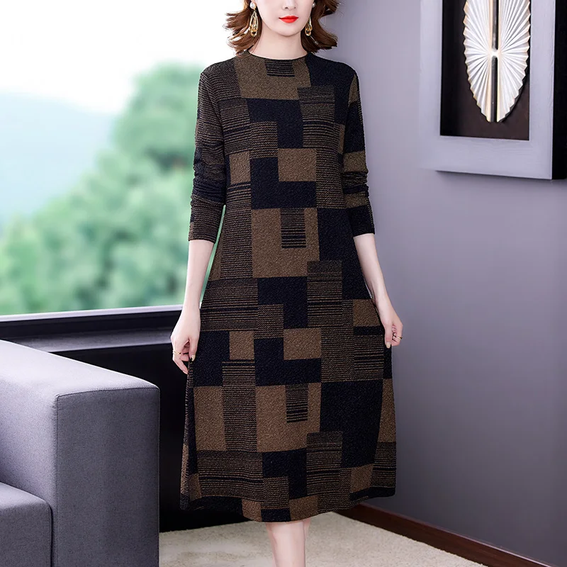 Autumn Winter Plaid Plus Velvet Thickening Midi Dress Women Vintage Long Sleeve Party Vestidos 2024 Elegant Bodycon Casual Dress