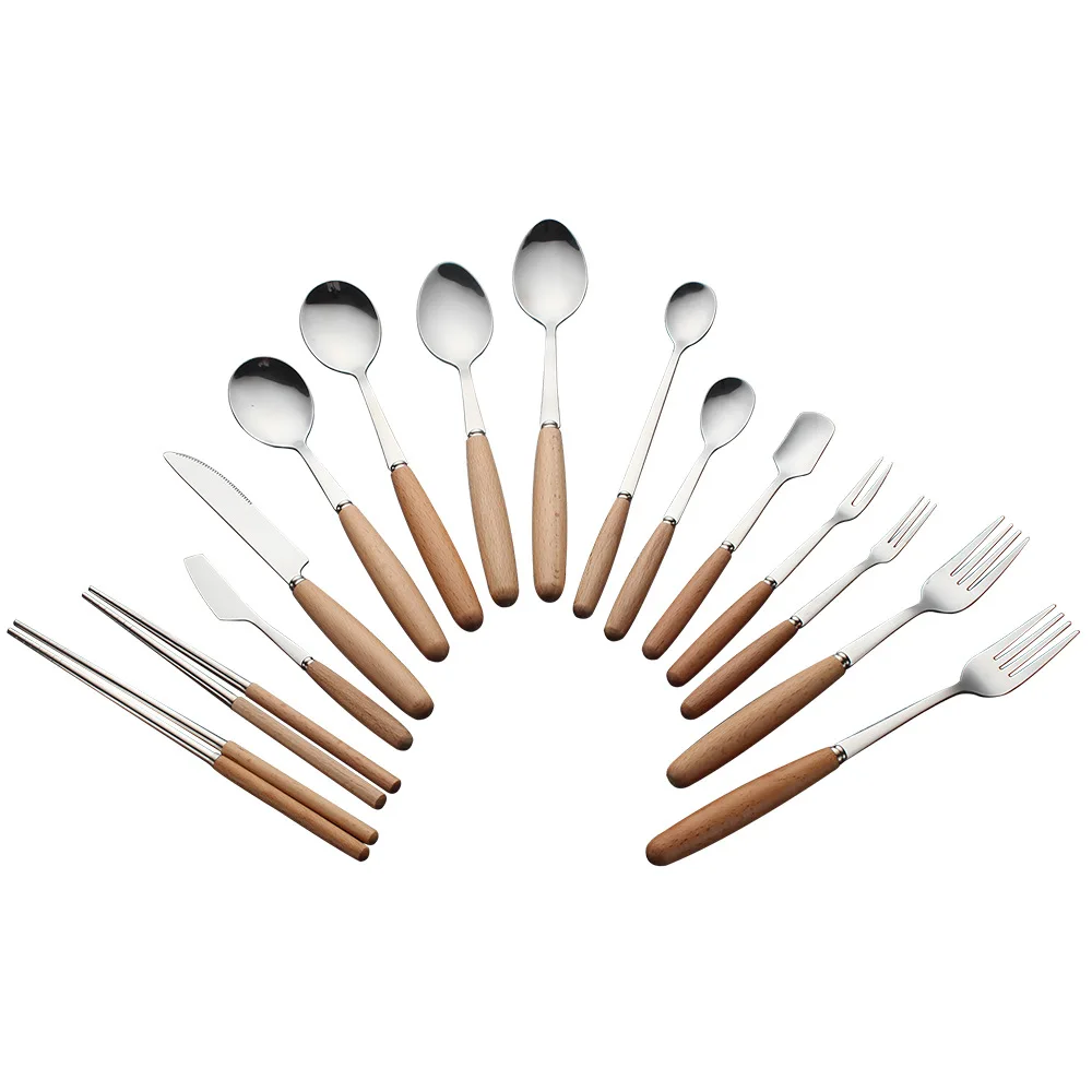 Beech Wood Handle Stainless Steel Western Tableware Steak Dessert Coffee Cooking Knife Fork Spoon Dinning Room Creative