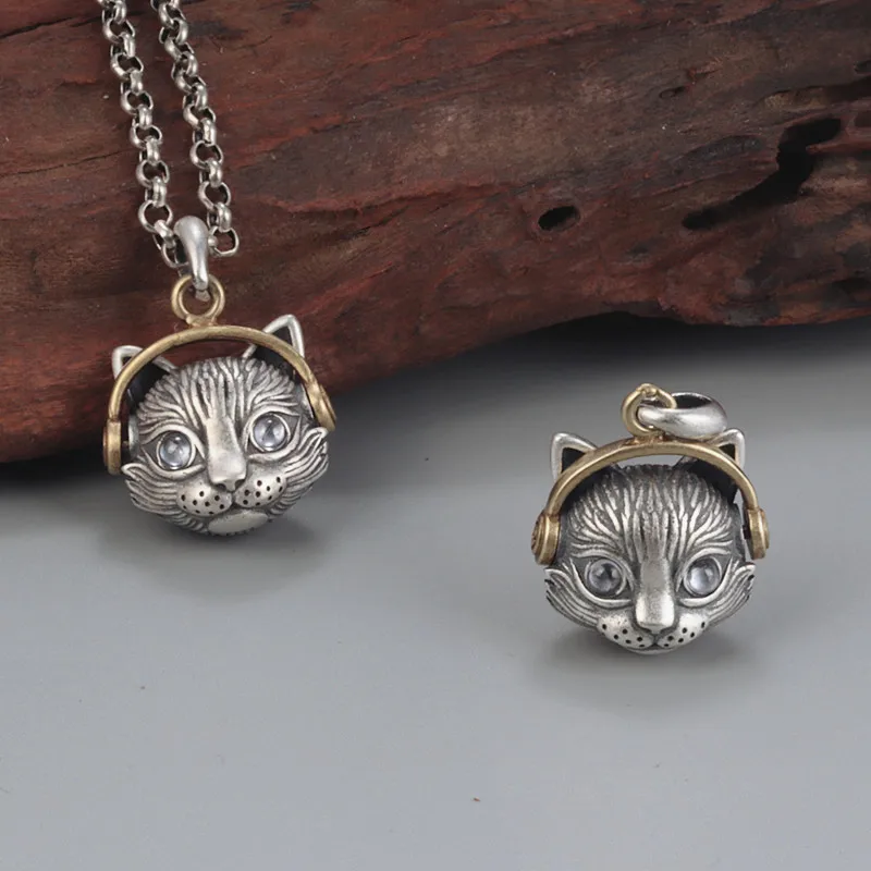 BOCAI New 100% S925 Silver Hip-hop Fashion Retro Puppet cat Man Pendant 2021 Trend Earphone Cat Creative Couple Jewelry