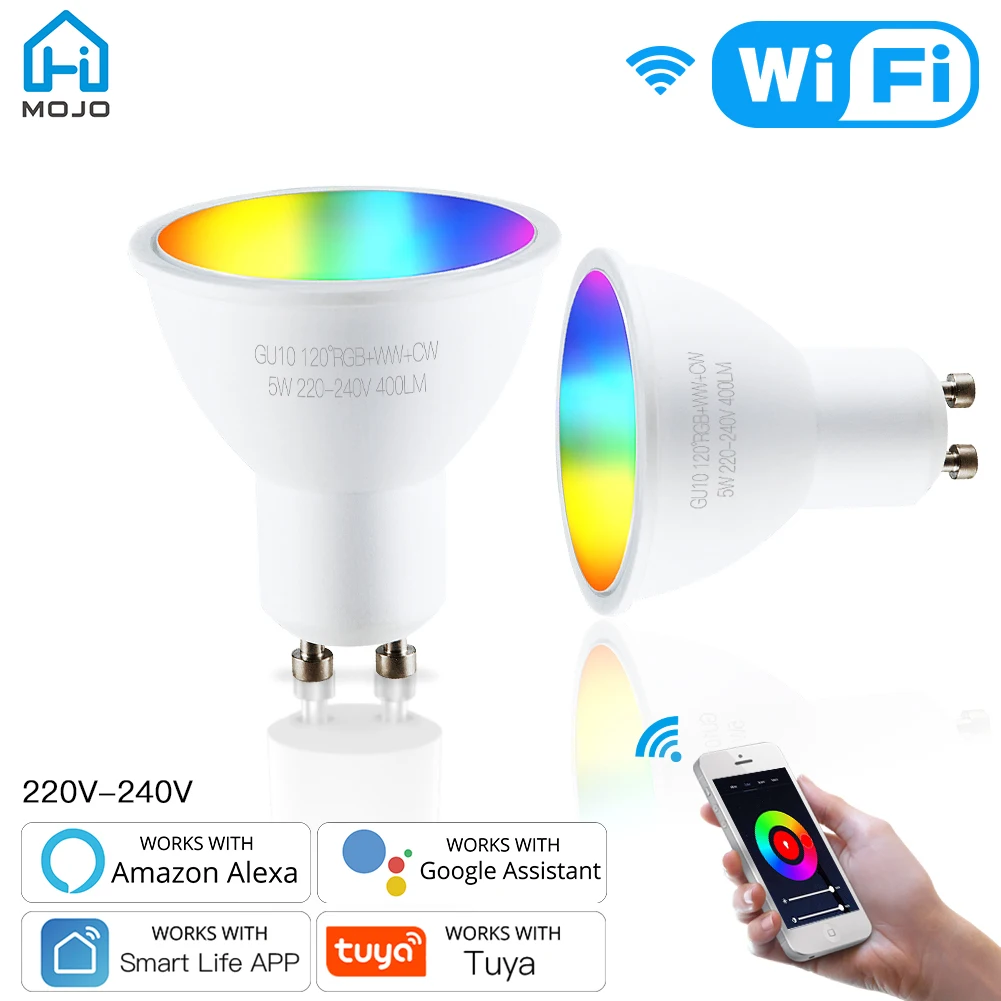 

HIMOJO Wifi Tuya Smart LED Light Bulb GU10 5W RGB Dimmable Lamp RGBCW Lights Remote Control Work With Alexa Google Home