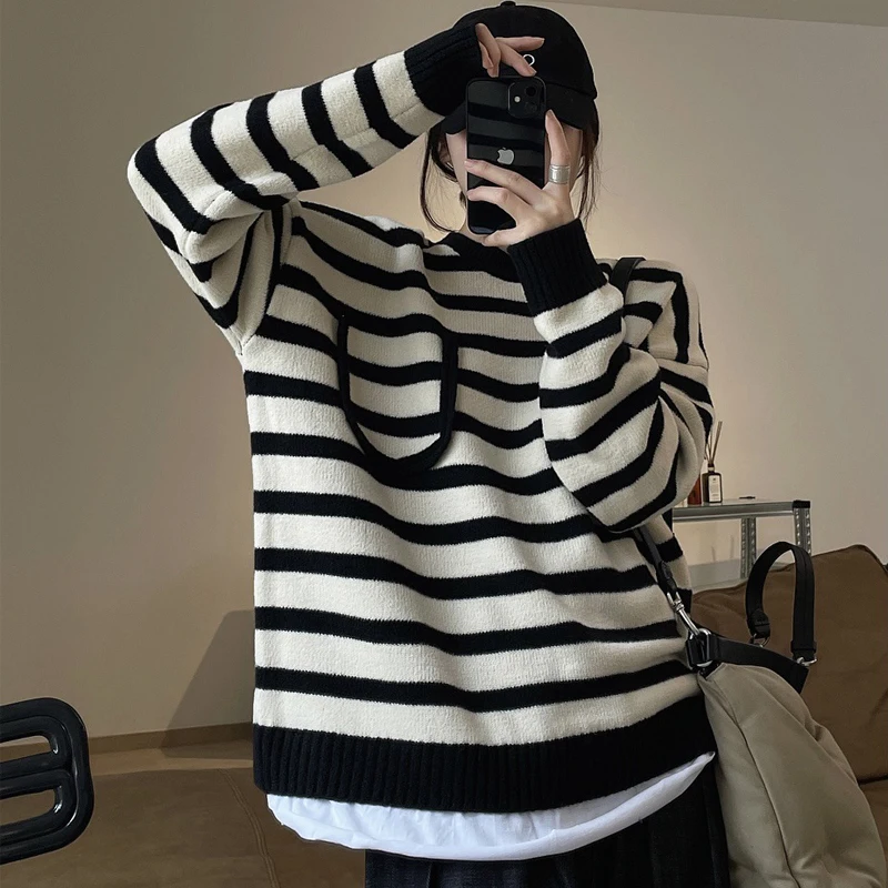 

Women's Casual Striped Round Neck Sweater, Long Sleeve, Loose Sweater, Spring and Autumn