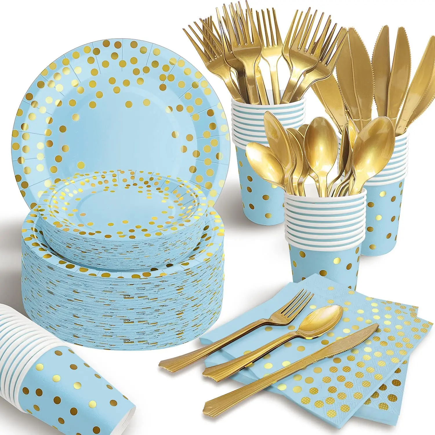 Blue Gold Dot Party Supplies Disposable Party Dinnerware Golden Dot Paper Plates Napkins Cups for Birthday Wedding party decor