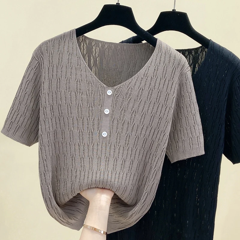 M-4XL Large size summer thin pullover v-neck sweater women short sleeve loose knitted bottoming shirt wool top