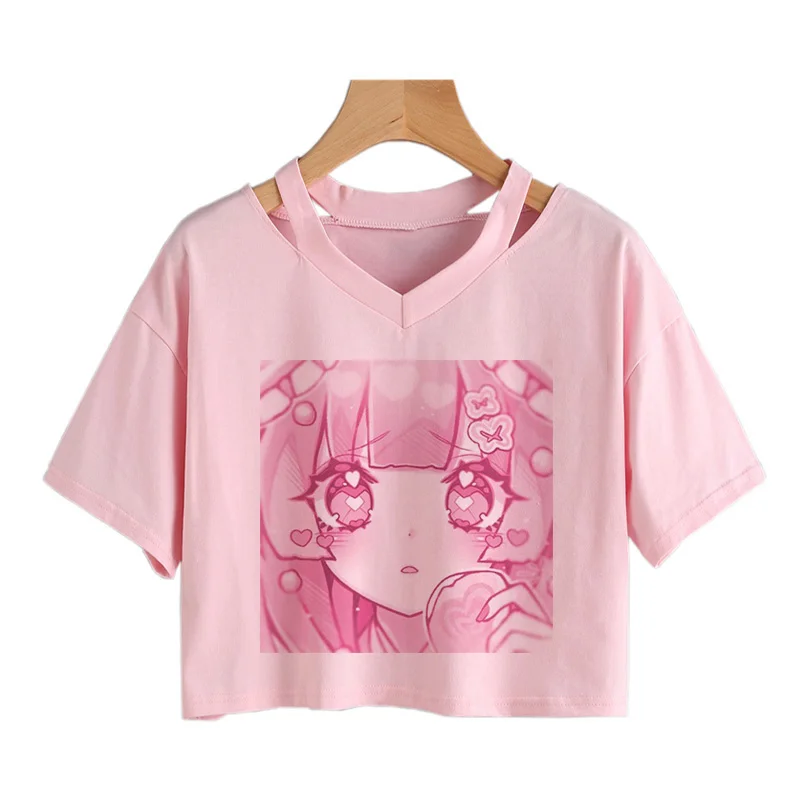 Moda donna vestiti carini kawaii stampa Tee Punk manica corta t-shirt Casual sciolto rosa Anime grafica con scollo a v Crop Top streetwear