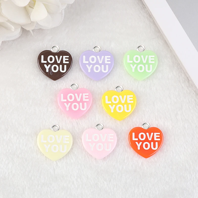 16 Pcs 22*24 MM Glitter Heart Charms Flatback Resin Cabochons XOXO KISS ME LOVE YOU  Pendants for Earrings Necklaces Diy Making