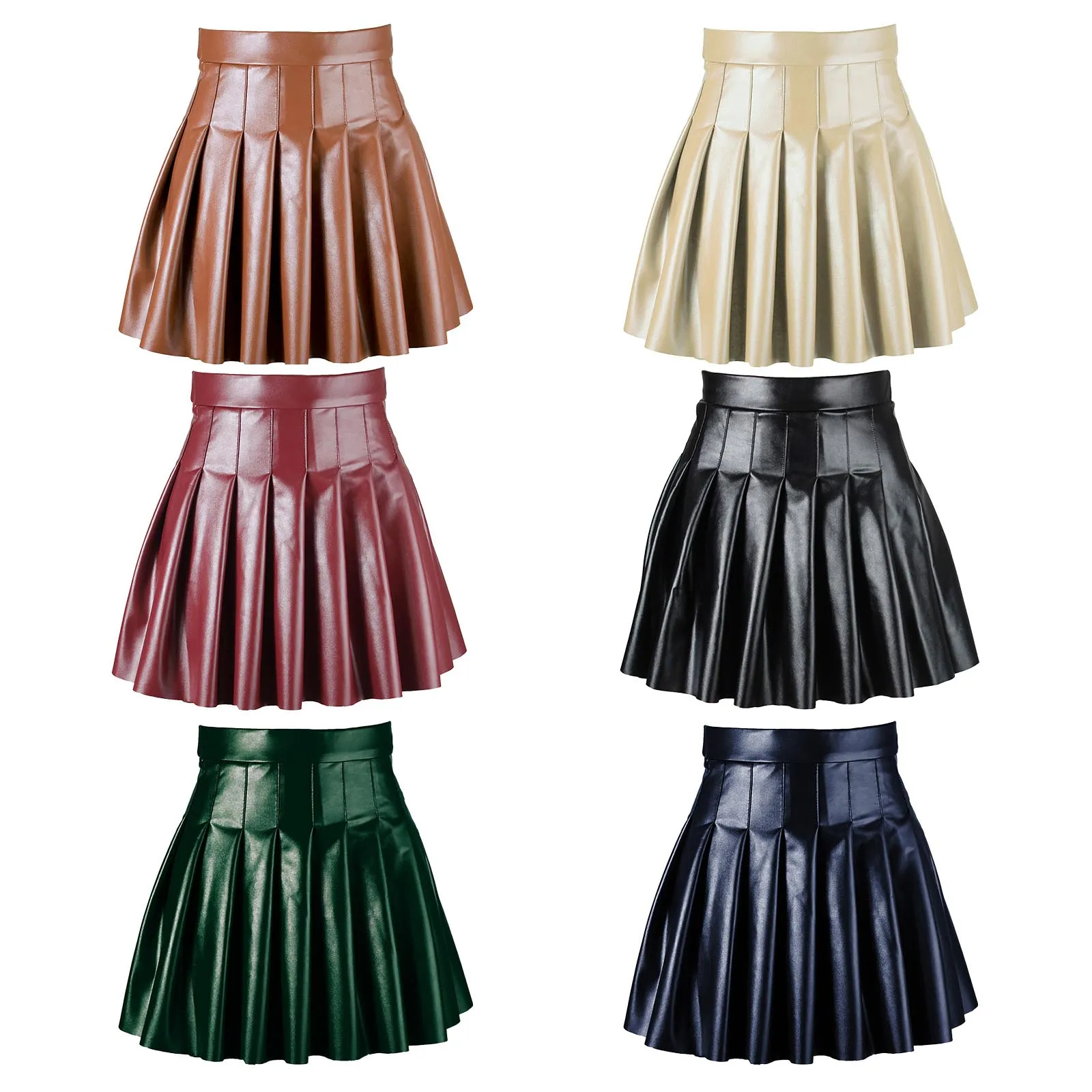 Women PU Leather Pleated Skirt Sexy Wet Look Pole Dancing Costume Solid Color Invisible Zipper A-line Miniskirt Party Clubwear